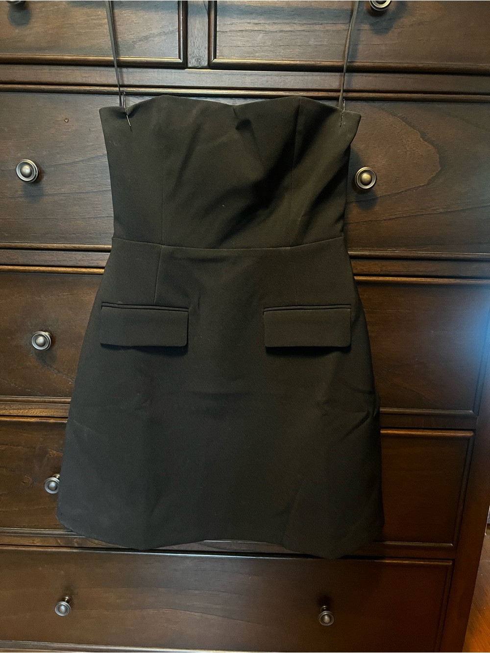 Strapless Black Mini Dress with Flap Pockets